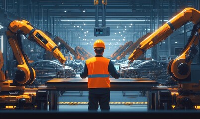 Industrial automation in a modern factory. A worker in safety vest and hard hat observes automated assembly line,  robots manipulating cars
