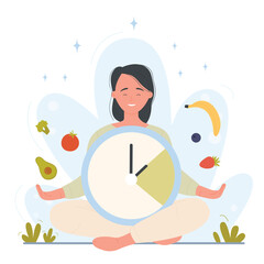 Woman in lotus pose having healthy food program. Balanced diet nutrition with vitamins flat vector illustration