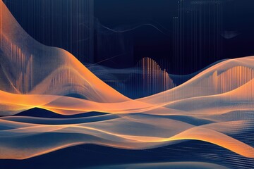 Abstract digital landscape with flowing, orange-toned,  wave-like patterns over a dark background.  Data visualizations and geometric shapes