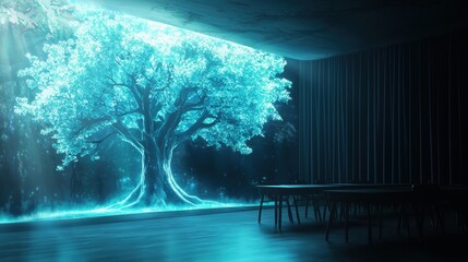 Technology Enhanced Classroom A futuristic classroom with holographic displays and interactive learning tools, representing the future of education.