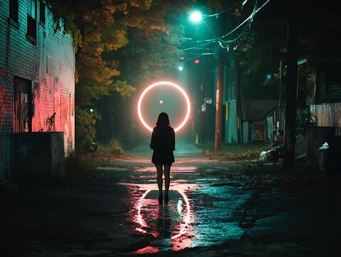 Mysterious girl walking towards glowing portal in dark alley at night. - Powered by Adobe