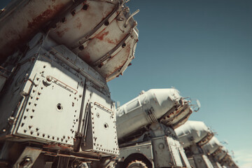 Row of aged industrial vehicles with weathered metal and rivets against a clear, cloudless sky.