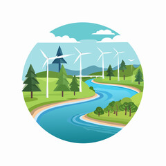 Obraz premium Flat design landscape with clean rivers, forests, wind farms, and mountains