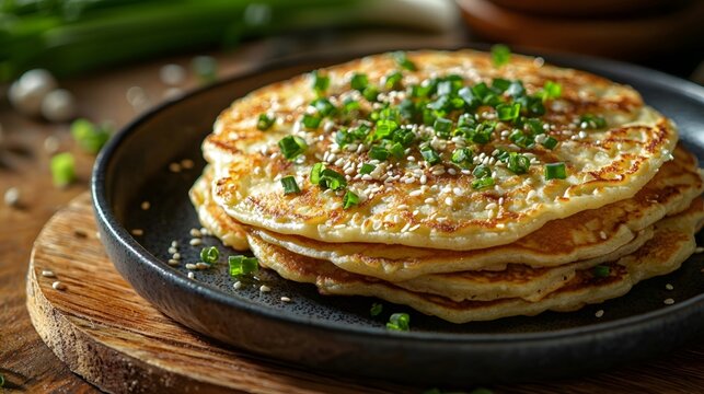 The pancake exudes an enticing aroma under the soft sunlight, sprinkled with sesame seeds and chopped green onions