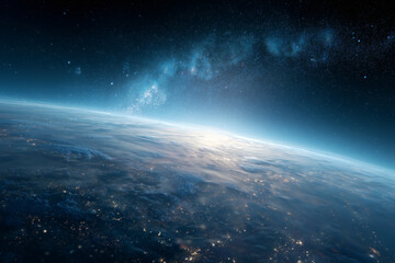 Fototapeta premium Earth from Space: A breathtaking view of our planet with city lights shining through the clouds.