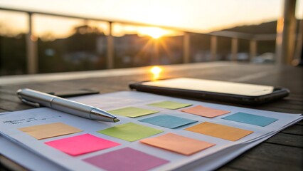 Planning and brainstorming session with colorful sticky notes and a pen on a table outdoors at sunset