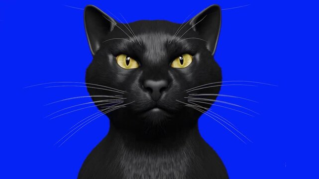 3D realistic black cat with bright yellow eyes, looking directly into the camera with a serious expression, isolated on blue chroma key background. Medium close-up shot. Ideal for pet content, adverti