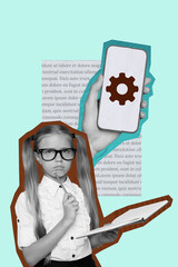 Banner image artwork exclusive collage of minded preteen schoolgirl hold pencil notepad do test...