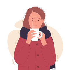 Sick woman with hot drink having cold shiver. Trembling and freezing feeling flat cartoon vector illustration