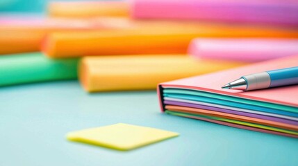 Fototapeta premium product Stationery and Office Supply Open notebook with a pen resting on top, surrounded by colorful markers and sticky notes, evoking a sense of creativity and productivity.