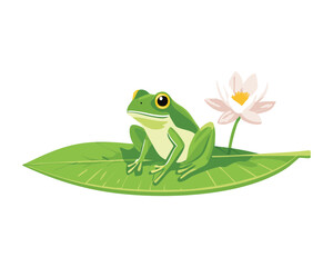 Cute Frog on Lily Pad with Lotus Flower