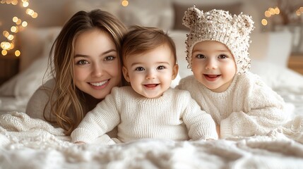 Mother with two cute babies smiling on a fluffy bed, holiday lights in the background