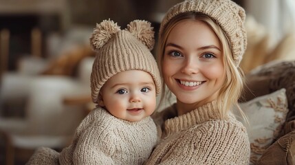 Obraz premium Mother smiles holding her baby wearing matching knitted sweaters and hats together