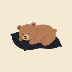 Cute cartoon bear sleeping on a black pillow