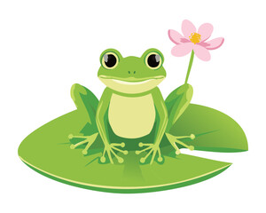 Frog Holding Small Pink Flower on Lily Pad