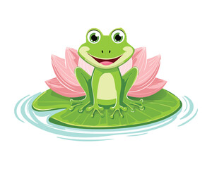 Fototapeta premium Delightful Frog Sitting by Pink Lotus Flower