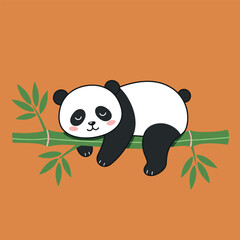 Cute panda resting on a bamboo branch and sleepy face