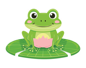 Adorable Frog with Pink Water Lotus Bloom