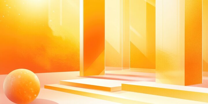 Empty, sunlit, geometric space with soft orange hues and translucent pillars. A sphere sits on the lower level