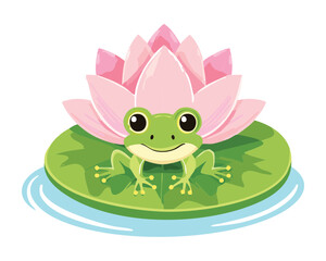 Cute Frog Sitting on Large Pink Lotus Flower