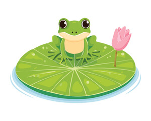Cute Frog with Pink Lotus Flower on Lily Pad