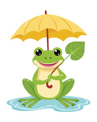 Cute Frog Holding Yellow Umbrella and Leaf