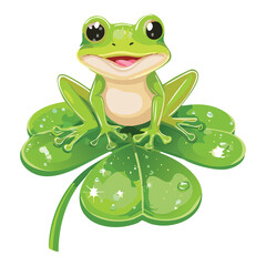 Adorable Smiling Frog on Four-Leaf Clover