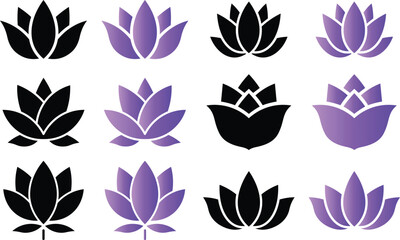 Stylish lotus flower vector illustrations in black and purple gradients for various designs