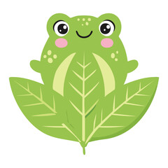 Smiling Green Frog Sitting on Big Leaf