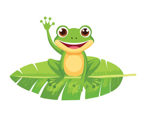 Smiling Frog Waving from Green Plant Leaf