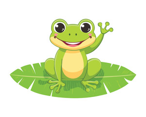 Happy Green Frog Waving Hello on Leaf
