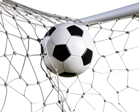Soccer Ball Striking the Corner of Goal Net with Twisted Mesh and Shadow, Transparent Background - Powered by Adobe