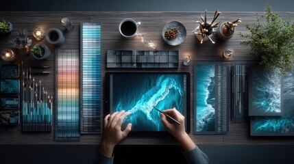 Digital art creation with tablet and pen, surrounded by color palettes and tools on a wooden desk. Vibrant blue wave design on screen, showcasing creativity and design process.