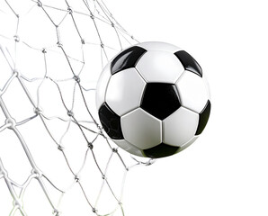 Fototapeta premium Classic Black and White Soccer Ball Hitting the Net with Motion Blur, Transparent PNG