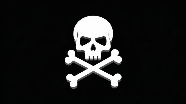 Flat 2D animation of a white skull with crossed bones below it, centered on a solid black background. Simple and iconic warning sign, ideal for toxic labels, pirate visuals, or Halloween content.