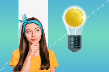 Sketch image artwork montage 3D photo collage of young lady minded idea lamp creative electric coin...