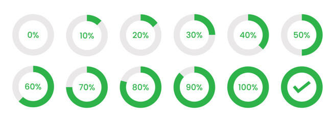 Set of Circle loading or circle progress collection. Percentage progress bar collection on white background. Loading circles and progress circles from 0 to 100 percent