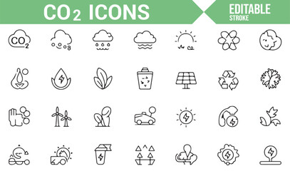Collection of eco-friendly symbols for carbon reduction, renewable energy, and environmental protection.