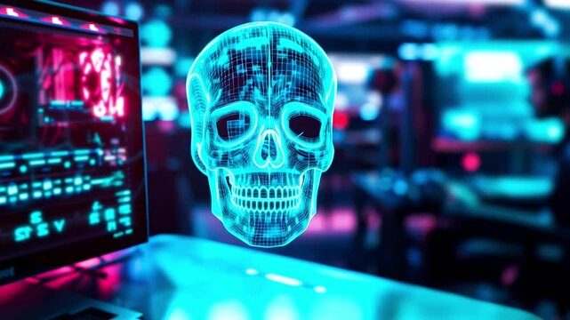 Glowing Neon Skull Emerging From Computer Screen In Dark Cyber Lab Environment. Concept Of Cybersecurity Threats, Digital Hacking, Tech Noir Aesthetic, And Futuristic Visual 