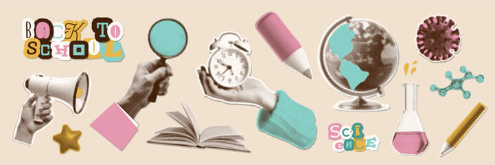Back to school halftone collage set with hands holding loupe, megaphone, alarm clock. Trending vintage paper torn our stickers design postcard, notebook, banners. Vector illustration.