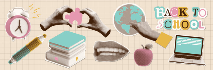 Cute back to school set of cutout paper elements halftone collage on the theme of education. Torn out stickers of Stationery, book, laptop, hands holding puzzle and globe, apple. Vector