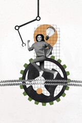 Vertical art exclusive collage of happy schoolgirl hold laptop run wire gearwheel artificial...
