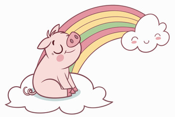Vector cute Pig cartoon character, sitting on a cloud, looking at a rainbow, dreamy and peaceful expression, soft pastel colors, isolated on white background