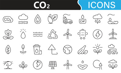 Environmental conservation icons including wind energy, recycling, and global ecology.