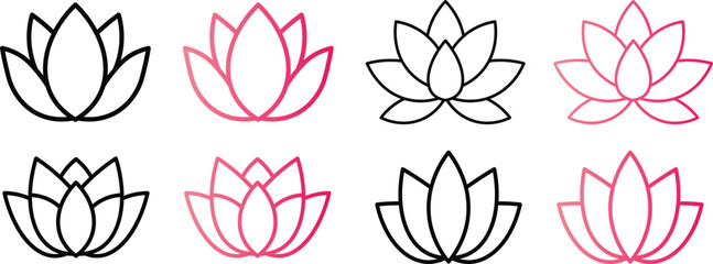 Simplified lotus flower outlines in black and pink for decorative designs