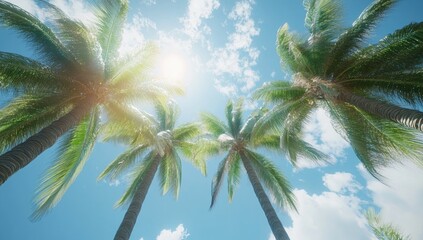 Palm trees reaching for a vibrant, sunny sky