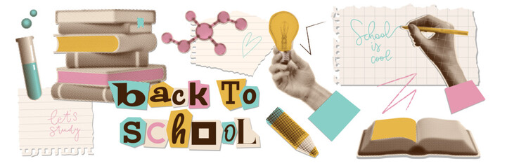 Back to School collage elements set on transparent background with halftone torn out stickers - stack of books, open book, hand writing, pencil and torn paper, evoking excitement for school. Vector