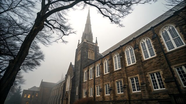 Gothic architecture stone building with spire and arched windows on a foggy day