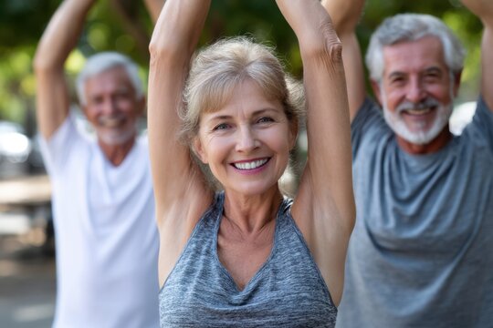 Seniors practicing yoga outdoors in a park during sunny morning