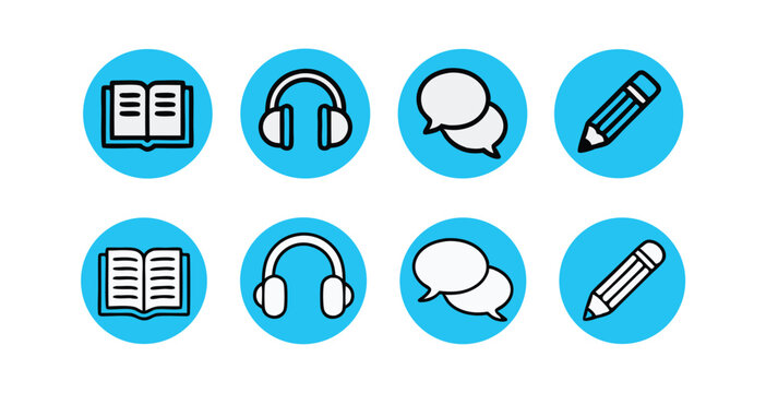 Blue Education and Communication Icon Set for Reading, Listening, Speaking, and Writing